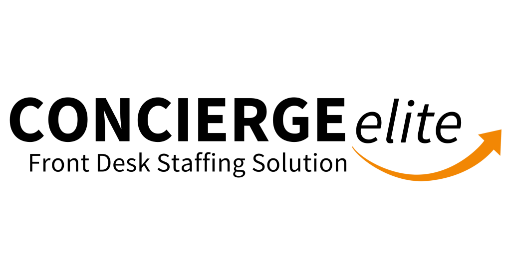 the word concierge in capital letters, the word elite in lower case letters and an orange swoosh under the work elite
