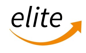 elite written in lowercase letters with black wirting. Then an orange arrow with an upward angle is below the word